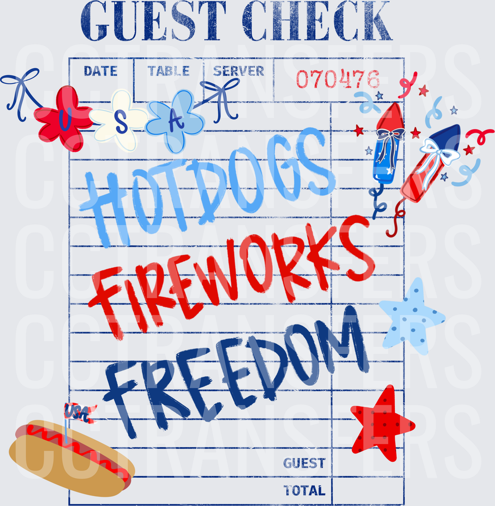 Patriotic Guest Check Hotdogs Fireworks Freedom USA (DTF)