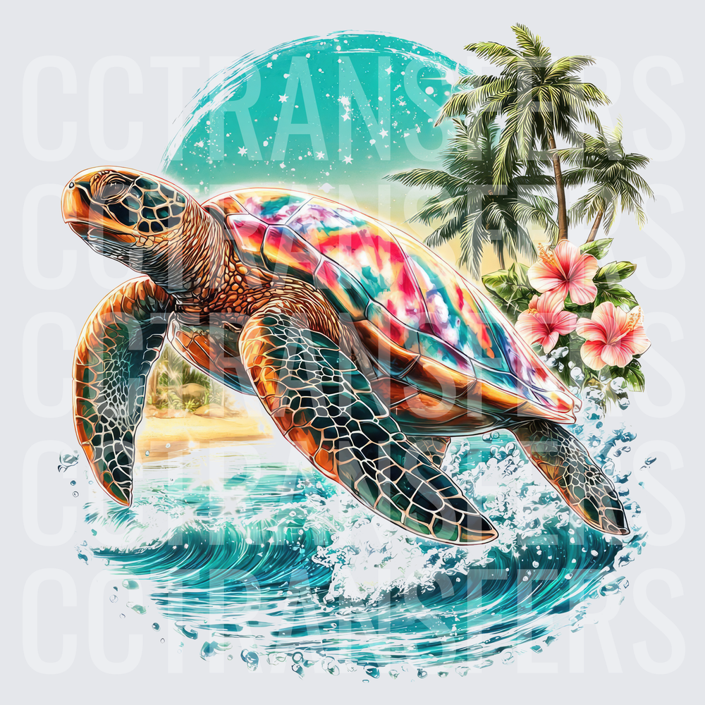 Colorful Sea Turtle Ocean Wave Tropical Beach Scene (DTF)
