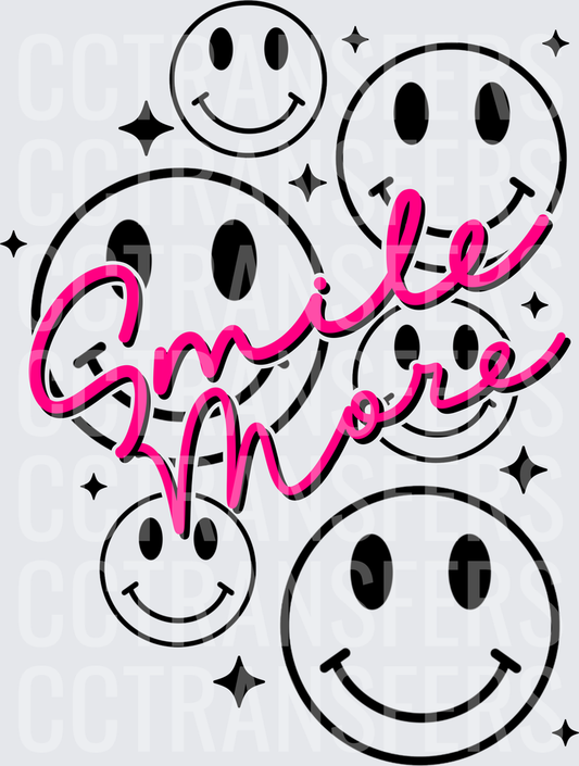 Smile More Smiley Faces Hot Pink Script Sparkles (DTF)