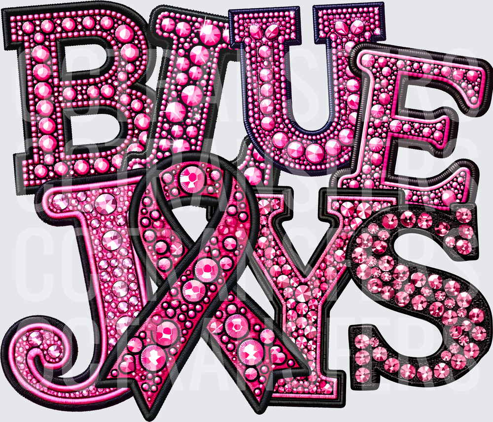 Blue Jays Pink Rhinestone Bling Breast Cancer Ribbon (DTF)