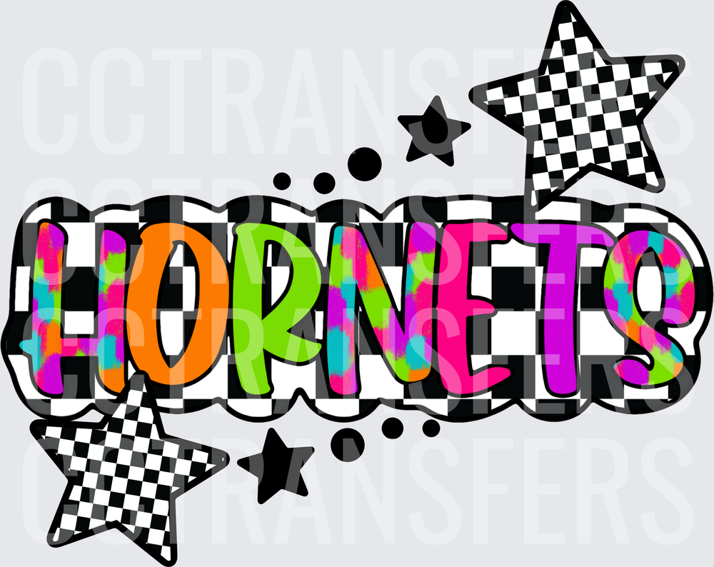 Hornets Neon Colorful Checkered Stars Bold Text (DTF)