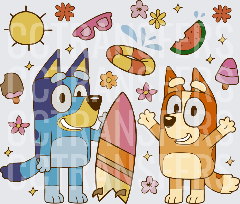 Cartoon Puppy Sisters Summer Beach Fun Surfboard (DTF)
