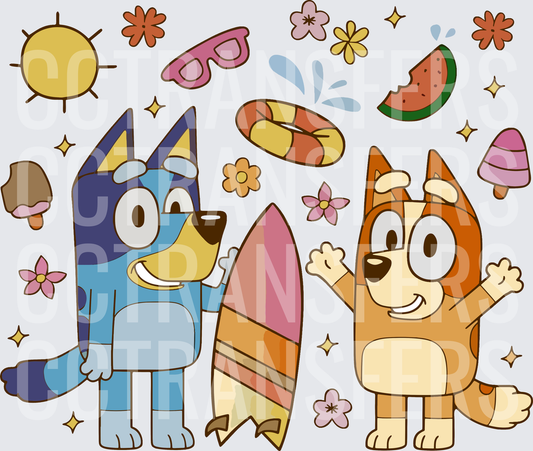Cartoon Puppy Sisters Summer Beach Fun Surfboard (DTF)