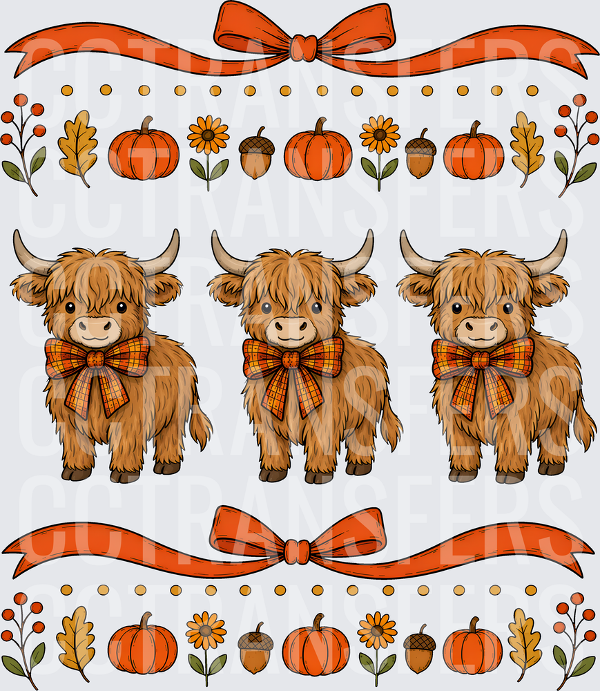 Trio of Fluffy Highland Cows Fall Autumn Pumpkin Bows (DTF)
