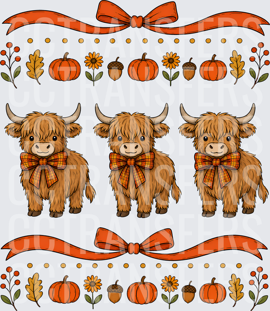 Trio of Fluffy Highland Cows Fall Autumn Pumpkin Bows (DTF)