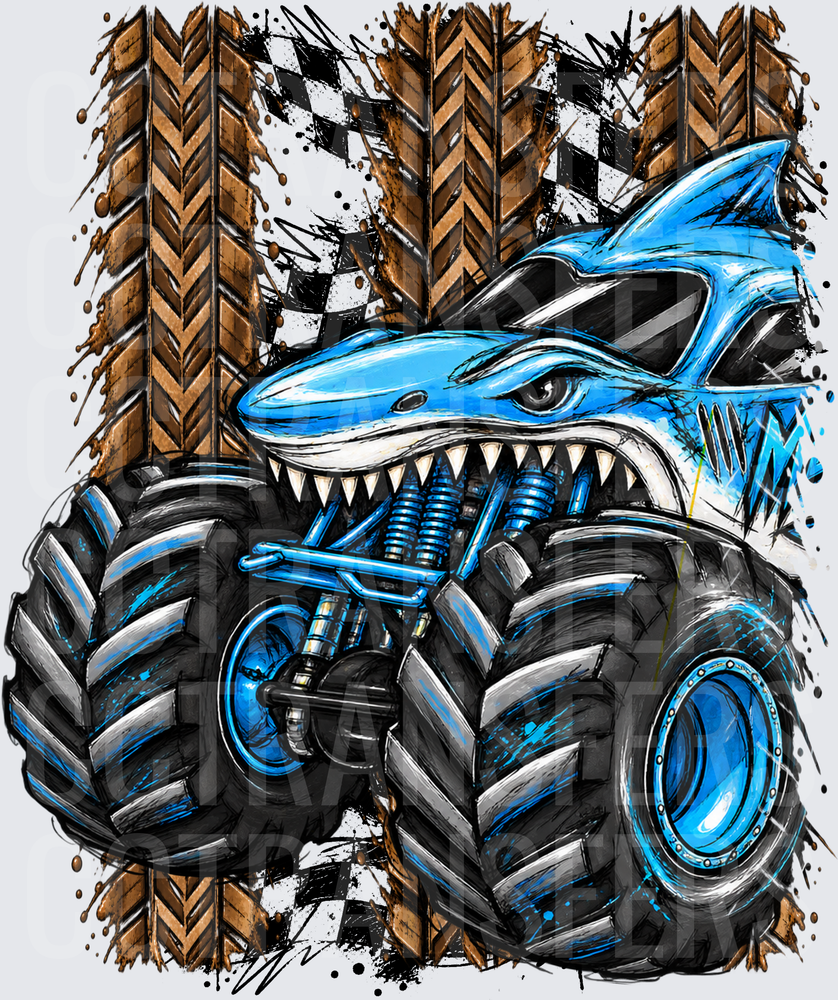 Blue Shark Monster Truck Muddy Tire Tracks Checkered Flag (DTF)