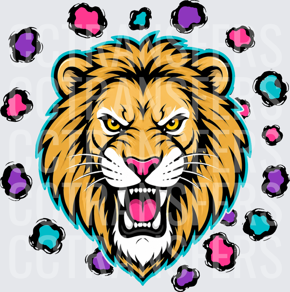 Fierce Roaring Lion Head with Colorful Paw Prints (DTF)