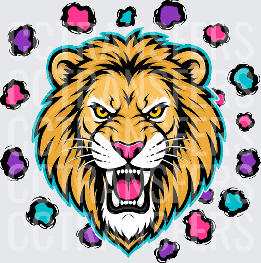 Fierce Roaring Lion Head with Colorful Paw Prints (DTF)