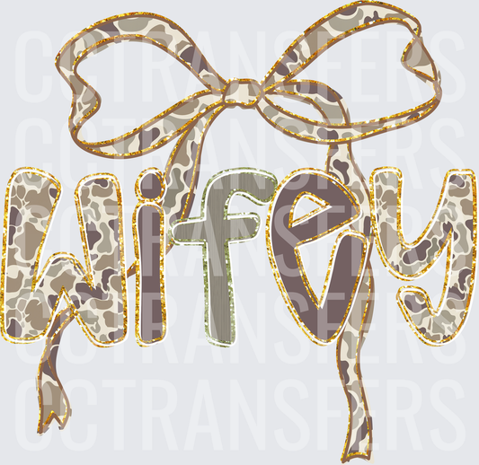 Wifey Camo Print Bow Gold Glitter Letters (DTF)