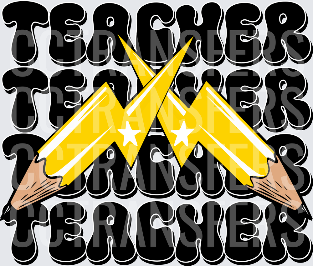 Teacher Stacked Retro Bubble Font Crossed Pencil Lightning Bolts (DTF)