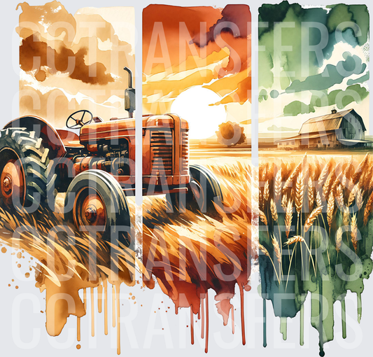 Watercolor Vintage Red Tractor Wheat Field Barn Triptych (DTF)