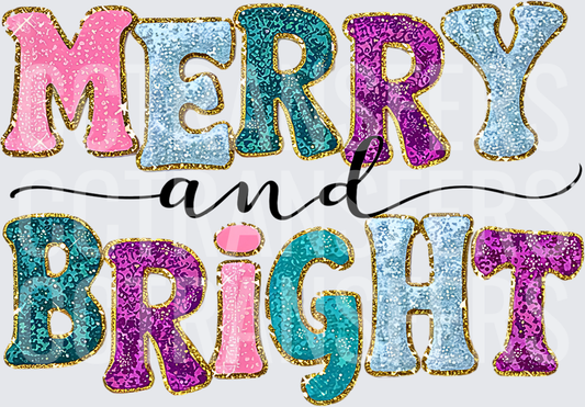 Merry and Bright Colorful Glitter Gold Letters (DTF)