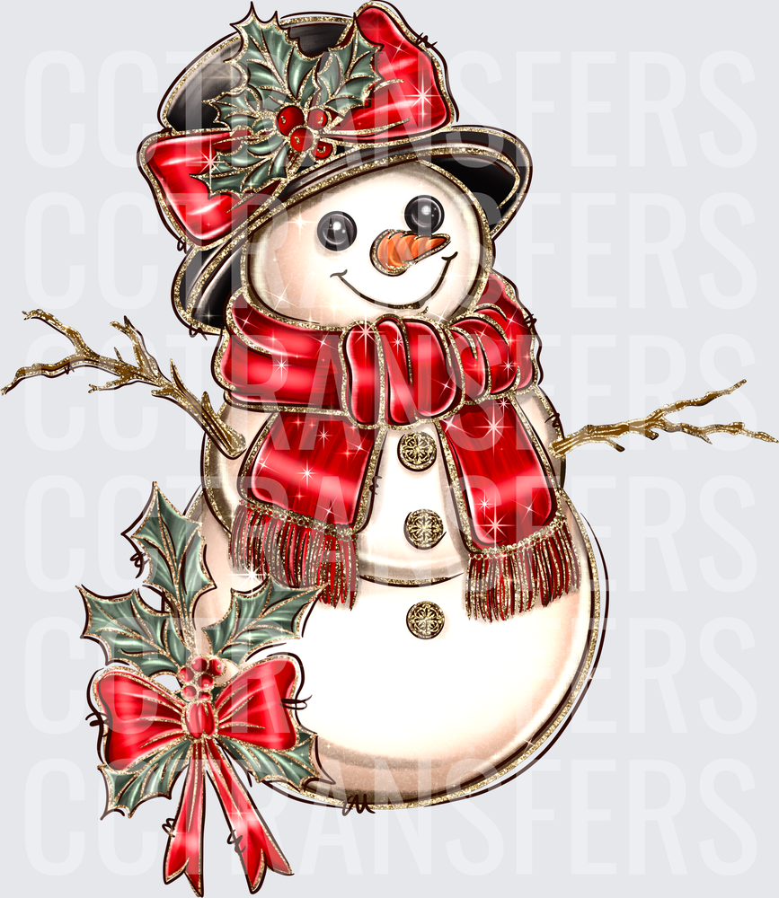 Glittery Snowman Red Scarf Holly Hat Gold Accents (DTF)