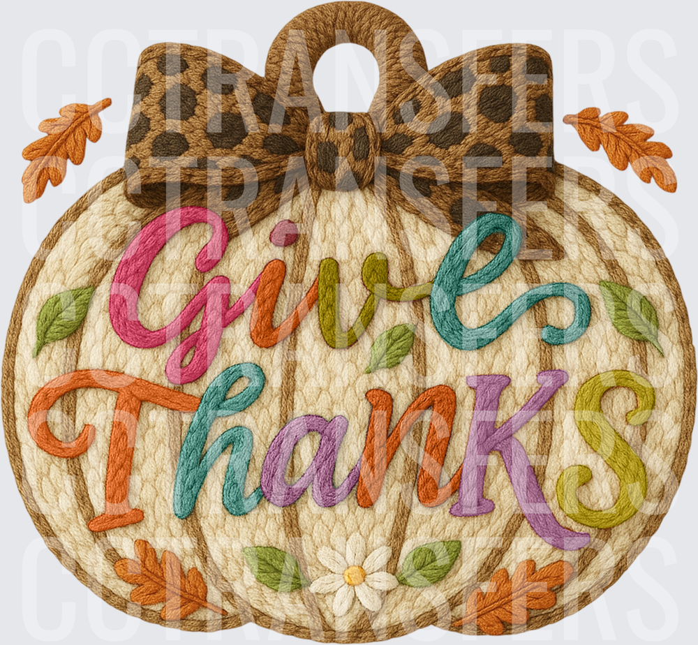 Give Thanks Embroidery Style Pumpkin Leopard Bow (DTF)