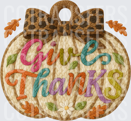 Give Thanks Embroidery Style Pumpkin Leopard Bow (DTF)