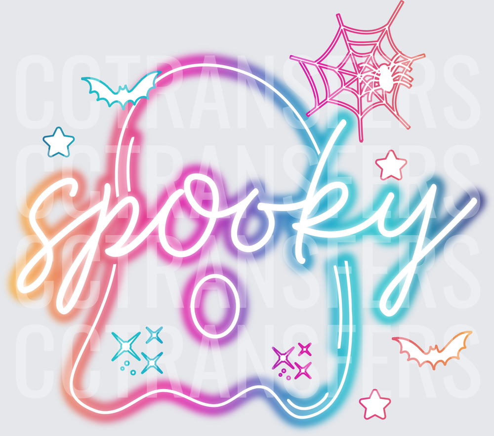 Neon Rainbow Spooky Ghost with Bats and Spider Web (DTF)