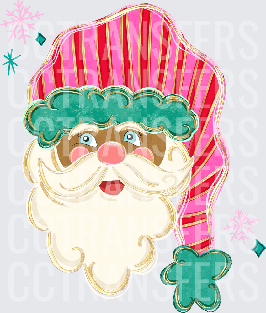 Retro Santa Face Pink Striped Hat Teal Trim Gold (DTF)
