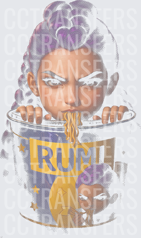 Fierce Woman Eating Ramen From RUMI Cup Noodles (DTF)