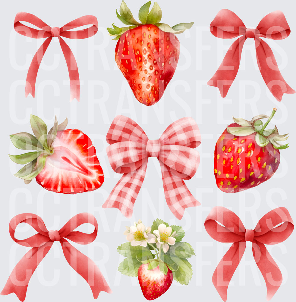 Watercolor Strawberries and Red Ribbon Bows Bundle (DTF)