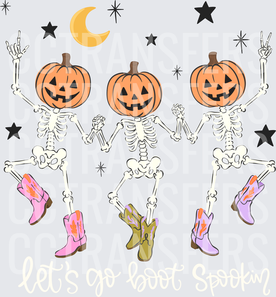 Dancing Pumpkin Head Skeletons Cowboy Boots Moon Stars (DTF)