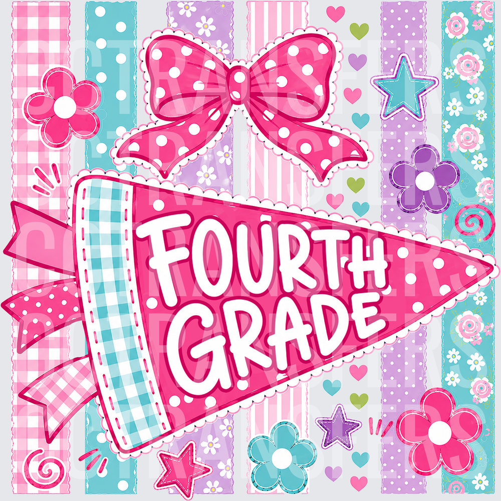 Fourth Grade Pennant Pink Bow Floral Girly (DTF)