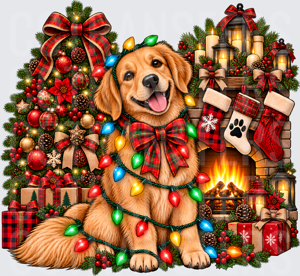 Festive Golden Retriever Wrapped in Christmas Lights (DTF)