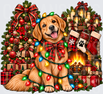 Festive Golden Retriever Wrapped in Christmas Lights (DTF)
