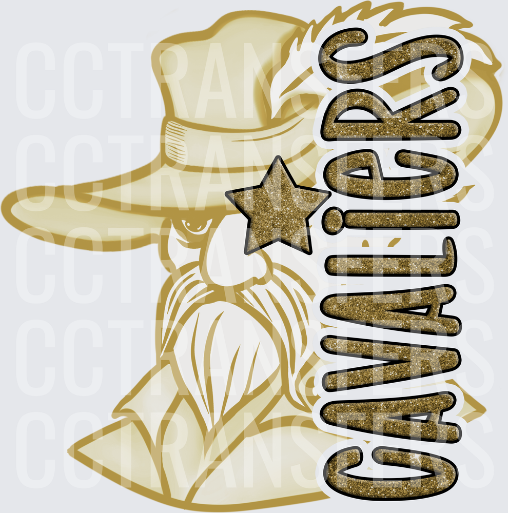 Gold Glitter Cavaliers Mascot Wizard Star Logo (DTF)