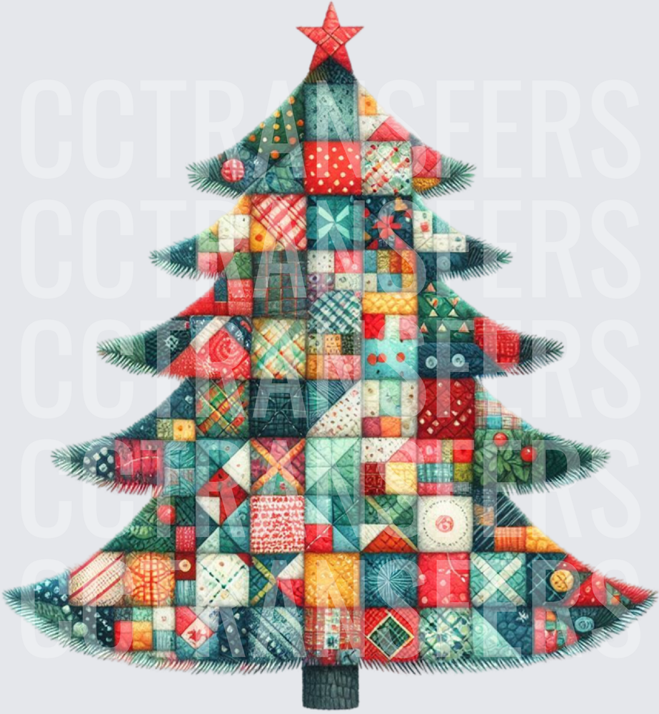 Patchwork Quilt Christmas Tree with Red Star Topper (DTF)