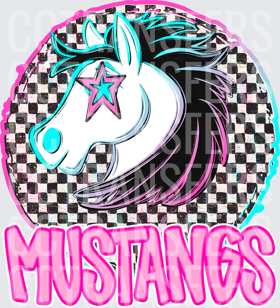 Mustangs Retro Checkered Horse Pink Teal Star (DTF)