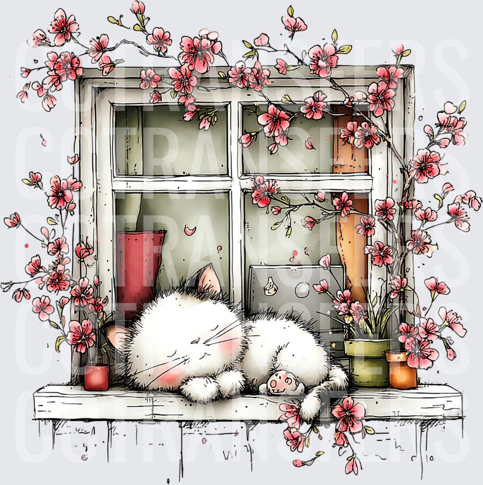 Fluffy White Cat Napping on Window Sill with Cherry Blossoms (DTF)