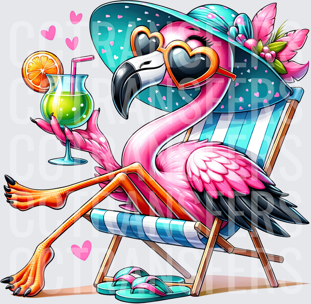 Sassy Flamingo Relaxing in Beach Chair with Cocktail (DTF)