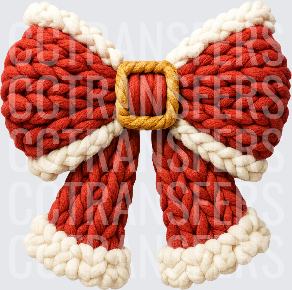 Chunky Knit Rope Bow Red Cream Gold Buckle (DTF)