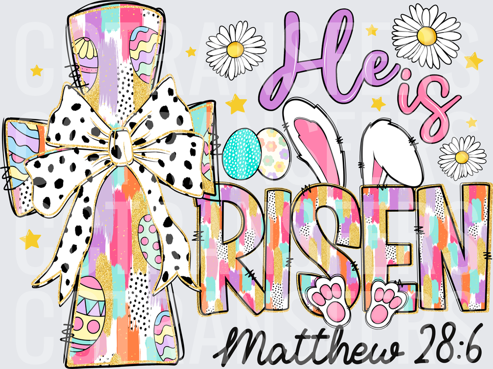 He Is Risen Matthew 28:6 Easter Cross Bunny Bow (DTF)