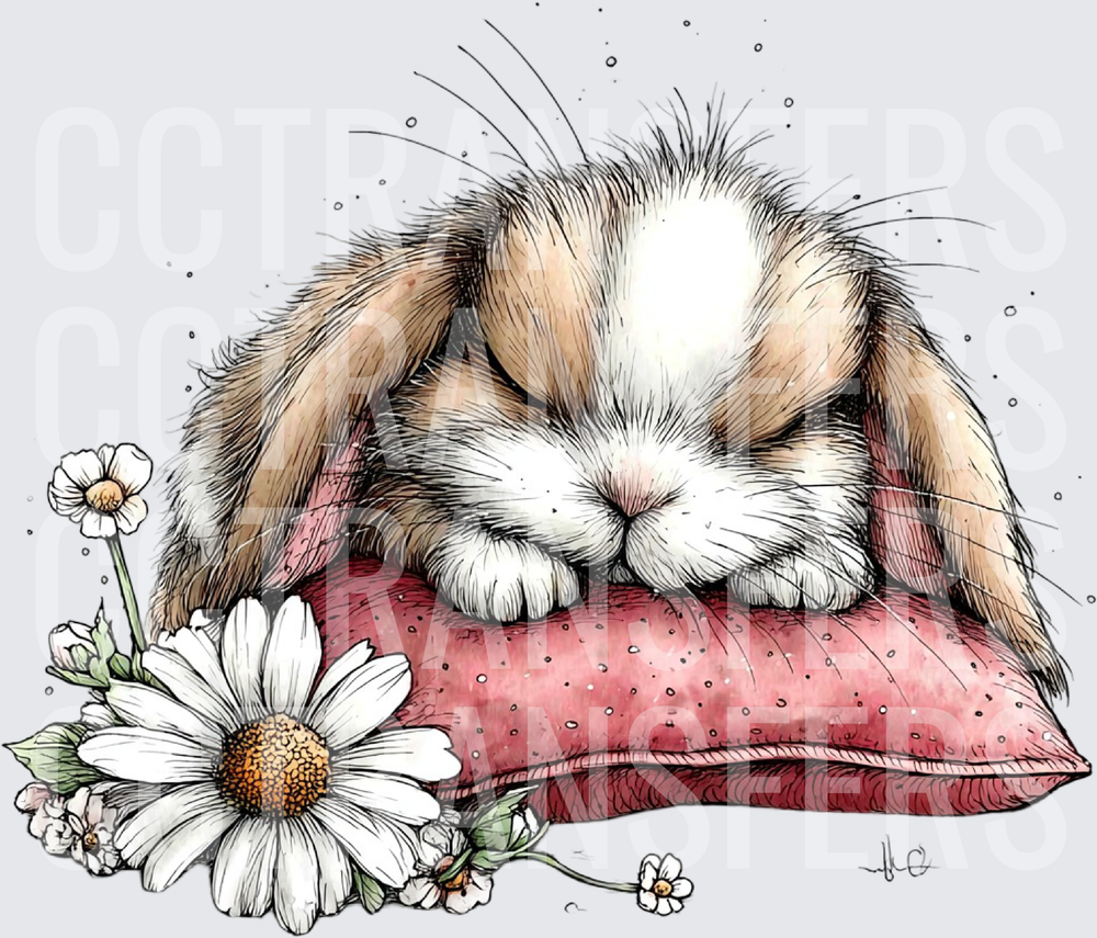 Sleeping Lop Bunny on Pink Pillow with Daisies (DTF)