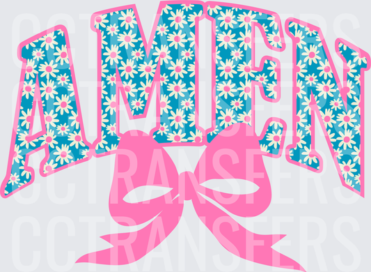 Amen Daisy Floral Varsity Letters Pink Bow (DTF)