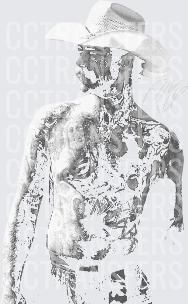 Tattooed Shirtless Cowboy Portrait Grayscale Art (DTF)