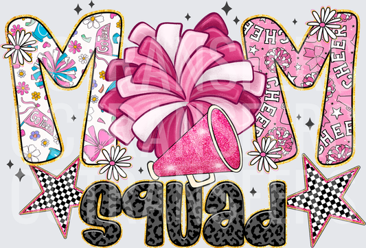 Cheer Mom Squad Pink Pom Pom Megaphone Leopard Stars (DTF)