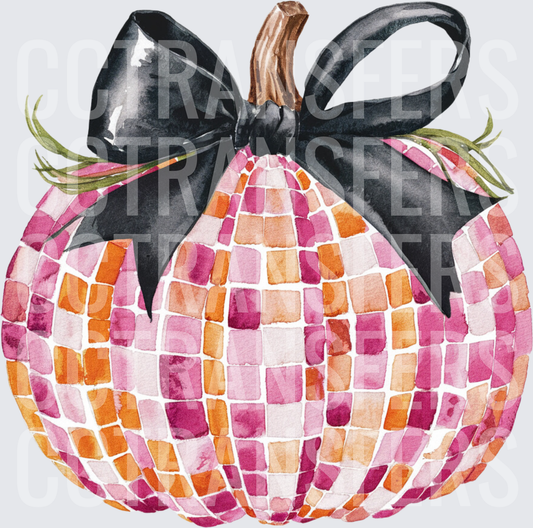 Watercolor Disco Ball Pumpkin with Black Bow (DTF)