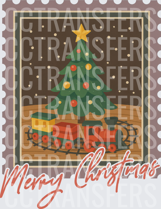 Merry Christmas Vintage Postage Stamp Tree & Train (DTF)