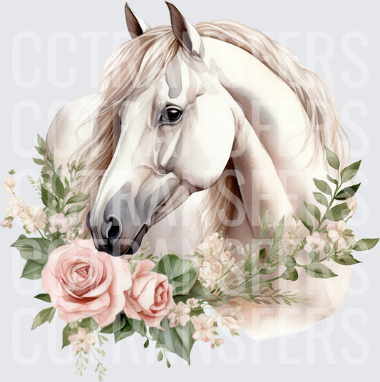 Watercolor White Horse with Pink Roses Floral Wreath (DTF)