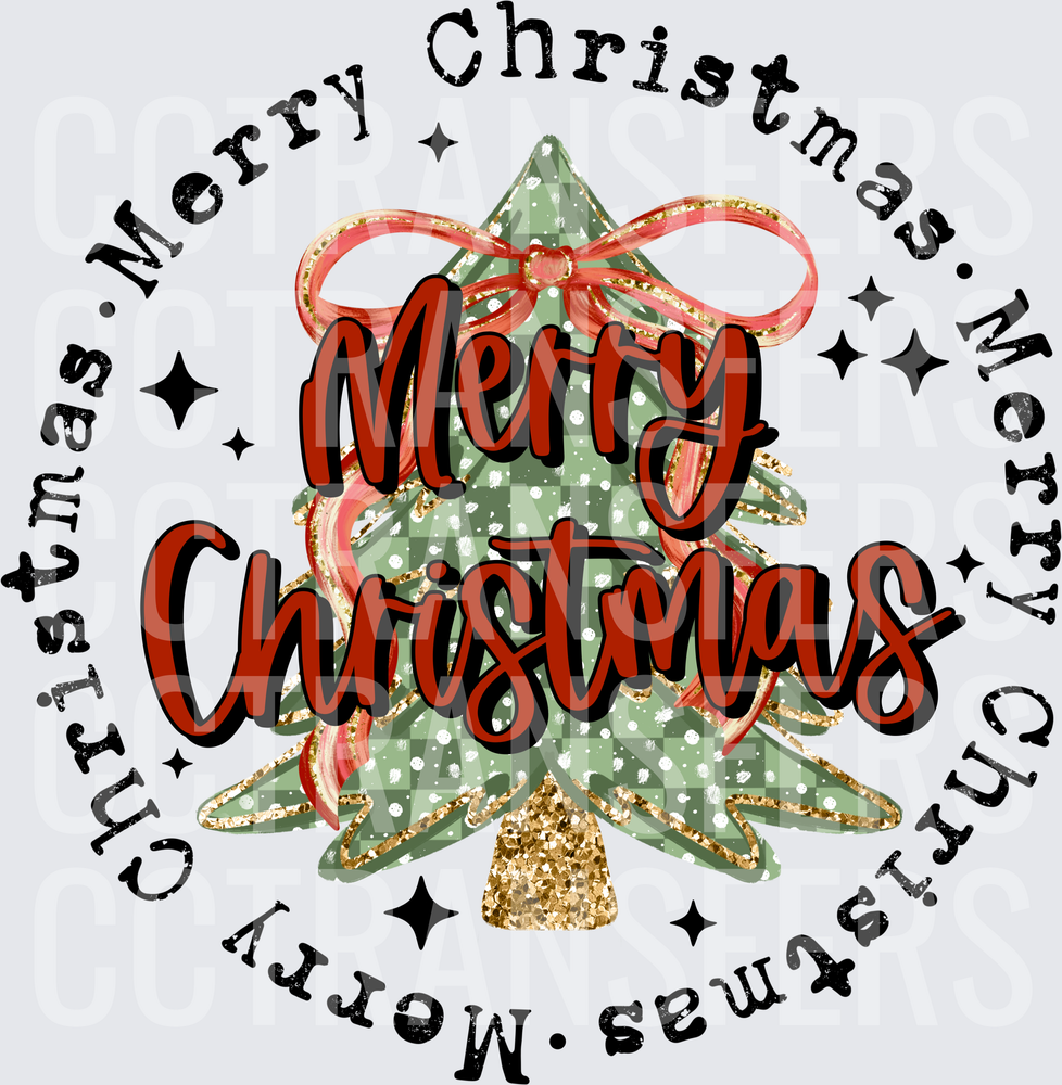 Merry Christmas Plaid Tree Gold Glitter Red Bow Circle (DTF)