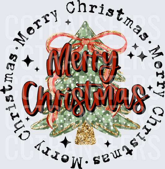 Merry Christmas Plaid Tree Gold Glitter Red Bow Circle (DTF)