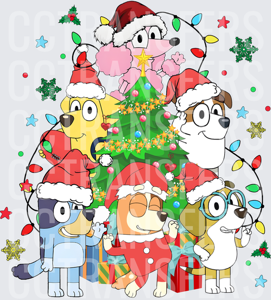 Cartoon Dog Friends Christmas Tree Santa Hats Holiday (DTF)