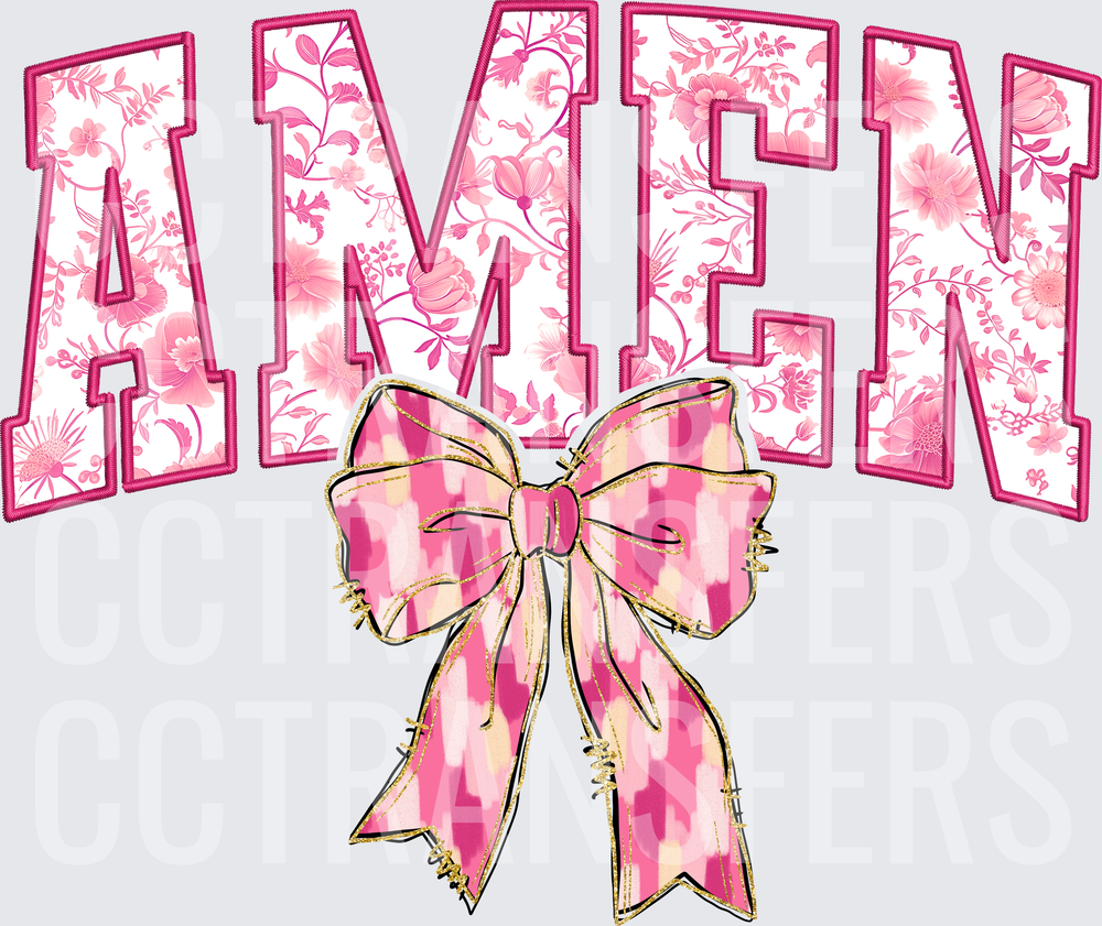 Amen Pink Floral Applique Varsity Letters with Bow (DTF)