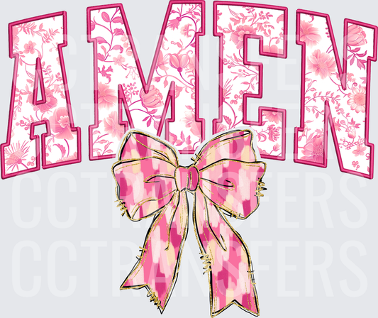 Amen Pink Floral Applique Varsity Letters with Bow (DTF)