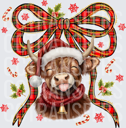 Happy Highland Cow Santa Hat Christmas Plaid Bow (DTF)