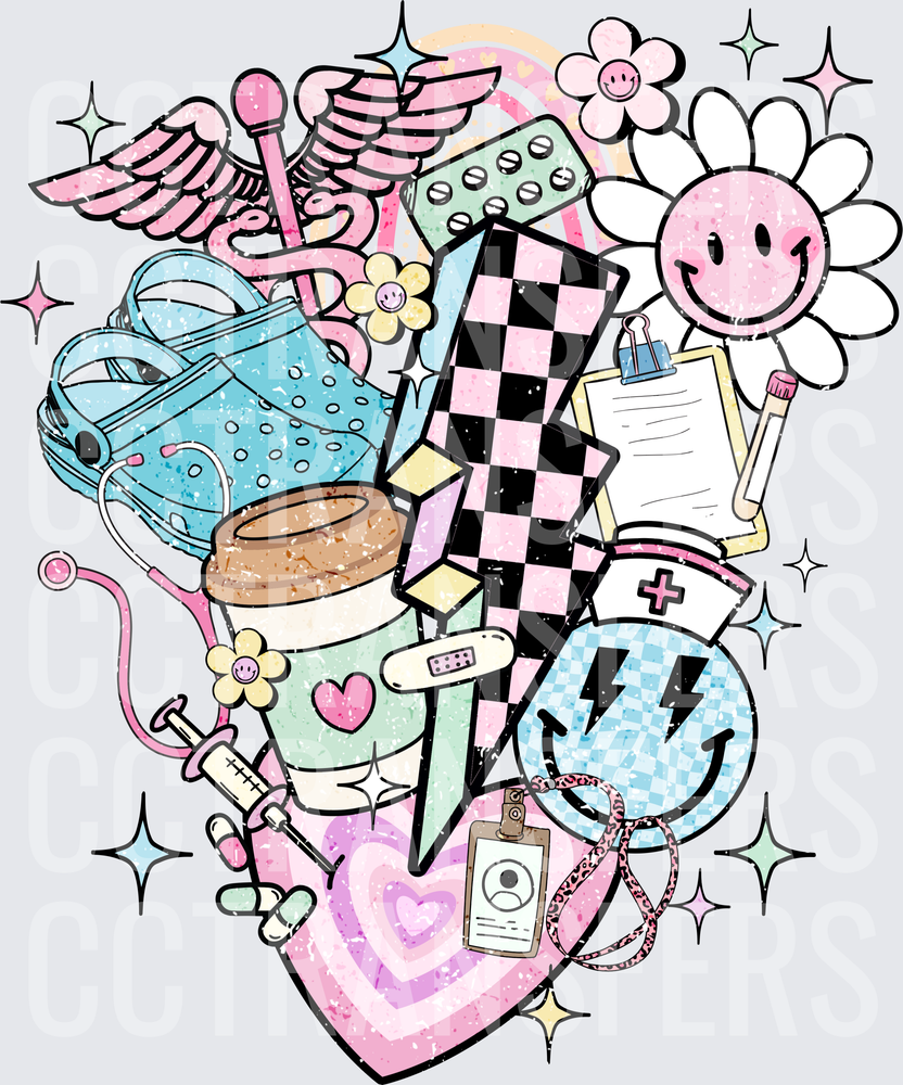 Pastel Nurse Life Collage Groovy Medical Icons (DTF)