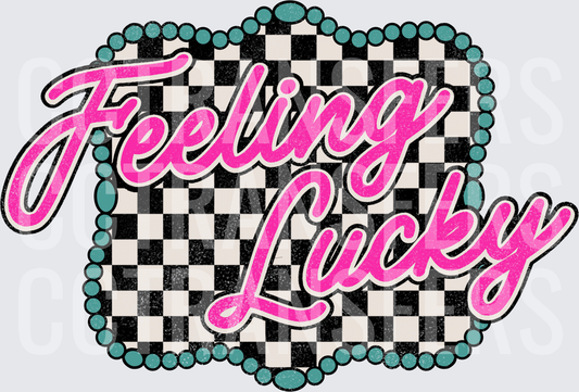 Feeling Lucky Pink Script Checkered Teal Beaded Border (DTF)