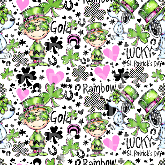 Lucky St. Patrick's Day Cartoon Boy & Dog Shamrock Pattern (DTF)